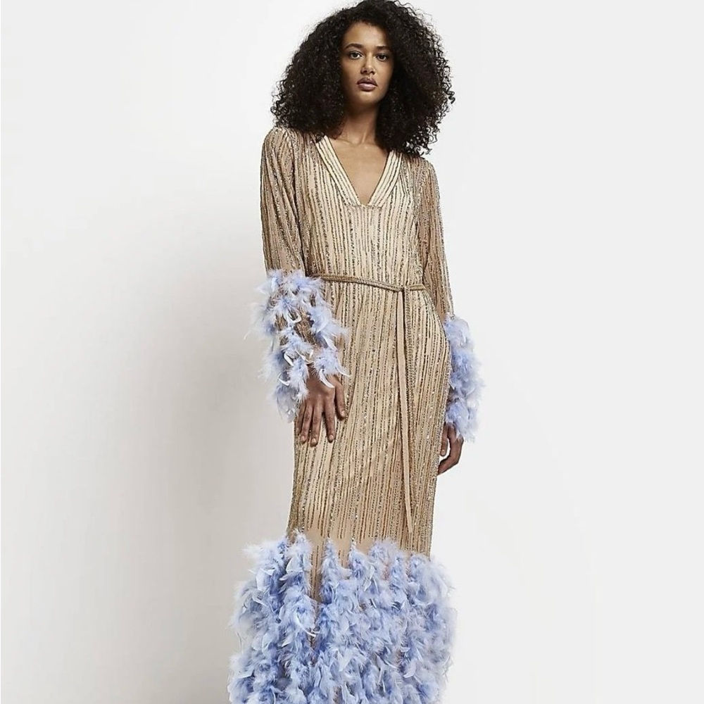 NWT River Island Gold sequin and feather shift maxi dress